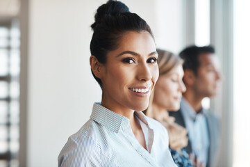 Office, woman and portrait of business people in row for about us, collaboration and partnership. Corporate, diversity and happy men and women for professional career, company pride and teamwork