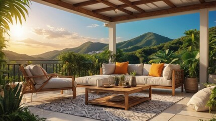 Fototapeta premium Luxury terrace in exotics, minimalist vintage style