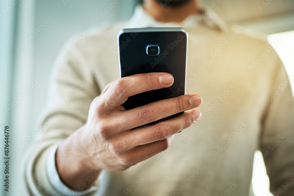 Poster businessman, hands or typing on smartphone with communication for mobile chat, web research or brows
