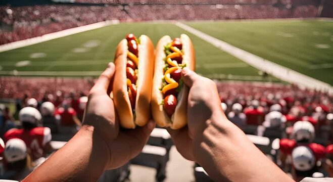 Eating hot dog in a stadium.