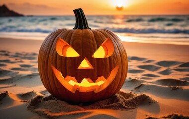 Halloween pumpkin on a sandy beach