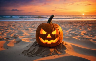 Halloween pumpkin on a sandy beach