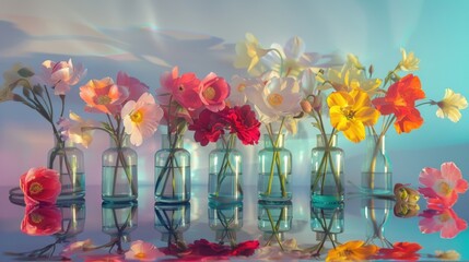 A group of vases filled with flowers on a table, ideal for use in home decor or still life photography