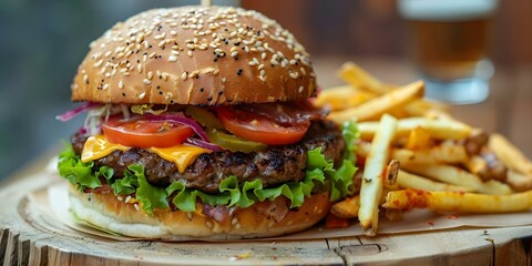 Closeup of a hamburger with meat cheese and vegetables served with fries. Concept Food Photography, Hamburger, Close-up Shot, Fast Food, Delicious Presentation