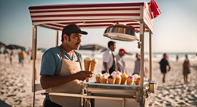 Street ice cream vendor on the beach.