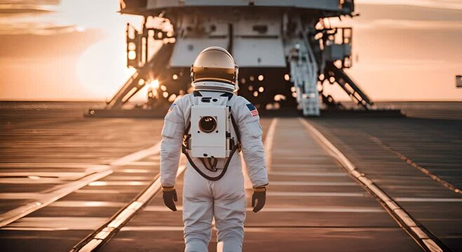 Astronaut next to a rocket launch pad.