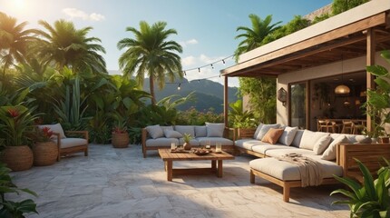 Fototapeta premium Luxury marble terrace around green exotic plants