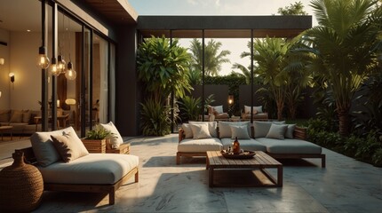 Fototapeta premium Luxury terrace in exotics, minimalist vintage style