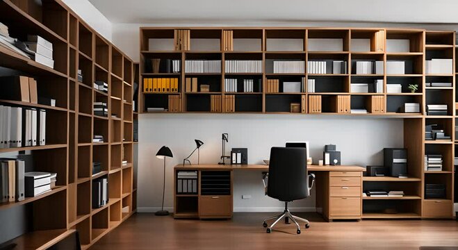 Office shelving with filing cabinets.