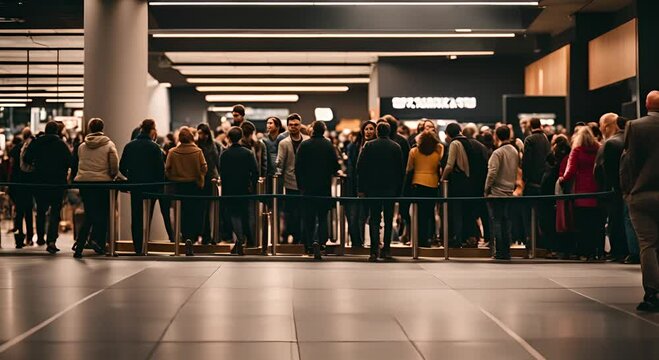 People queuing in a shopping center.