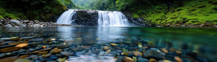 Adventurous summer vacation with friends in a tropical rainforest, exploring waterfalls and hiking trails