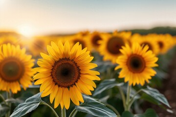 Fototapeta premium Sunny summer day over a vibrant sunflower field, with clear blue skies