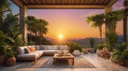 Obraz premium Luxury marble terrace around green exotic plants