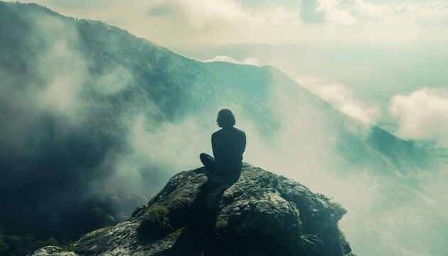 A person meditating on a mountaintop surrounded by mist and clouds creating a serene and peaceful atmosphere