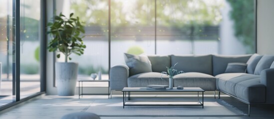 Interior of light living room with grey sofas.