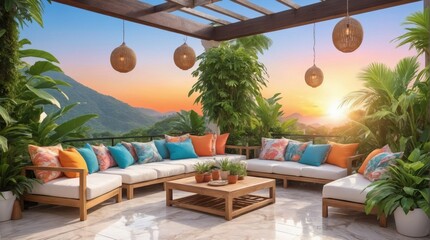 Fototapeta premium Luxury marble terrace around green exotic plants