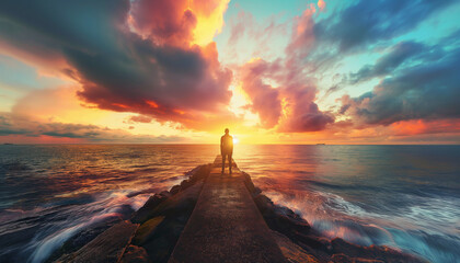 A person standing on a rocky pier during a breathtaking sunset over the ocean with dramatic clouds creating a serene and picturesque view