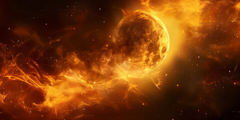 Planet bathed in fiery cosmic flames and swirling gases in deep space concept