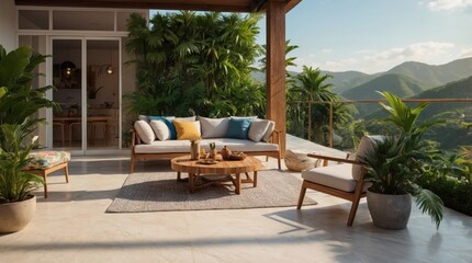 Fototapeta premium Luxury marble terrace around green exotic plants