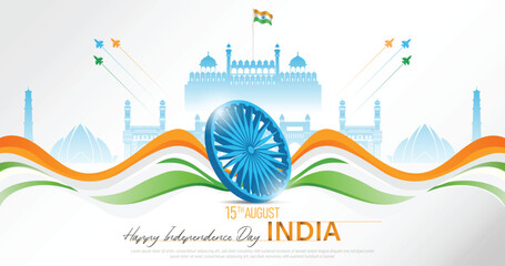 15 th August Indian Independence Day banner template design with Indian flag and silhouette of Indian monument.