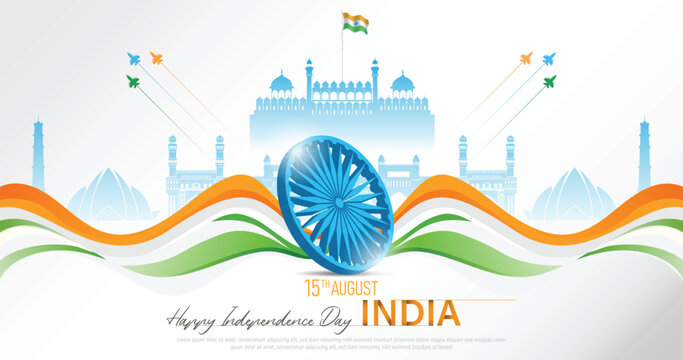 15 th August Indian Independence Day banner template design with Indian flag and silhouette of Indian monument.