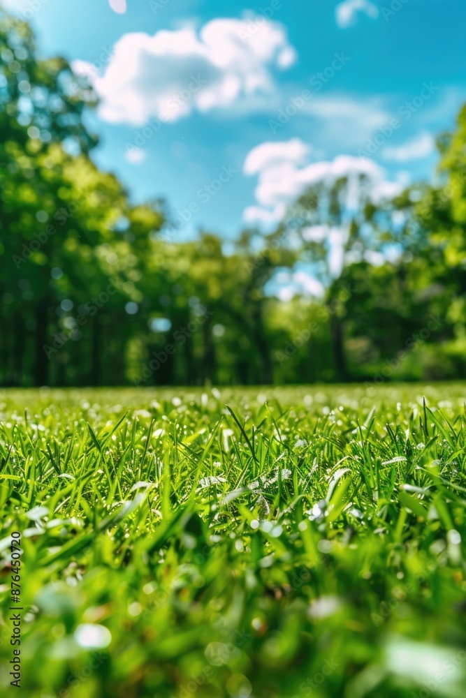 Poster a serene scene featuring a lush green field with tall trees in the background, perfect for use in na