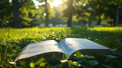 an open book resting on green grass, with sunlight filtering through trees in the background. The scene exudes a serene and studious ambiance