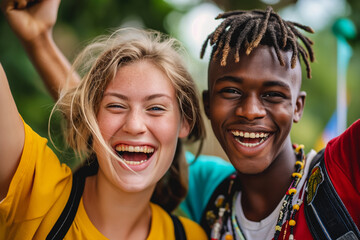 Obraz premium Portrait of beautiful young people of different nationalities looking at camera and smiling, against white brick wall
