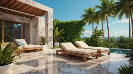 Fototapeta premium Luxury marble terrace around green exotic plants