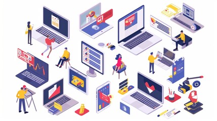 Isometric vector illustrations depicting the process of creating software applications.