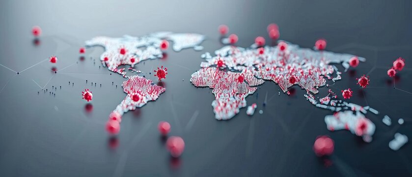World map with red markers indicating global coronavirus spread, highlighting pandemic areas and impact on different continents.