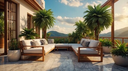 Fototapeta premium Luxury marble terrace around green exotic plants