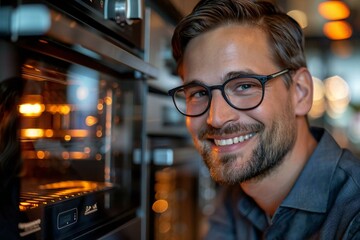 Smiling young man with well-groomed beard wearing eyeglasses, looking at oven with voice recognition function in beautiful kitchen. - Powered by Adobe