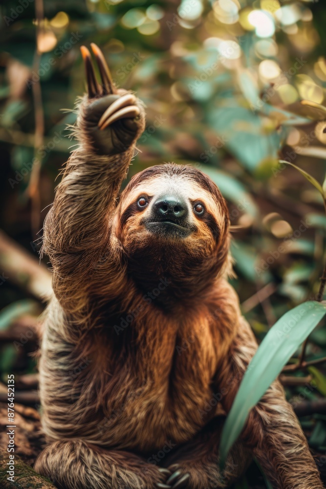 Poster a brown and black sloth hangs lazily from a tree branch, enjoying the view