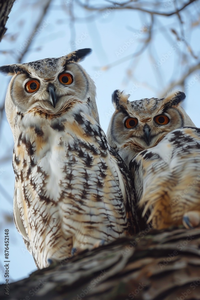 Poster two owls perched on a tree branch, looking around