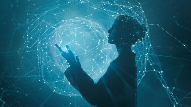  A gorgeous supermodel businesswoman interacts with abstract particles of an AI hologram, depicting a futuristic environment and the future of innovation and technology