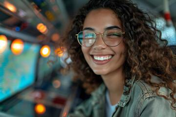 Beautiful woman with eyeglasses smiling and laughing while using navigation map with red pin pointer.