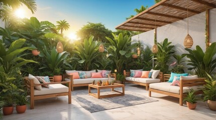 Fototapeta premium Luxury marble terrace around green exotic plants