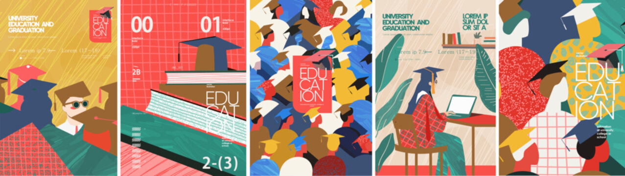 Education at university, college and school. Vector abstract modern illustration of graduates, textbooks, pattern, studying student at computer preparing for exams and doing homework for poster