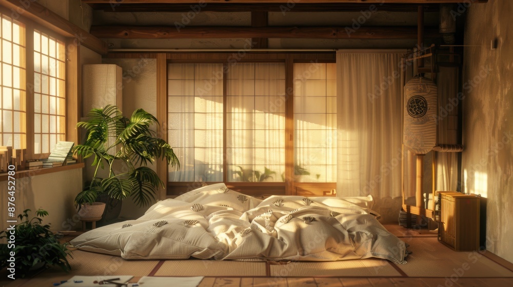Poster a peaceful bedroom setting with a bed surrounded by multiple windows, ideal for a relaxing atmospher