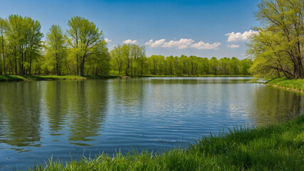 Fototapeta premium A tranquil lakeside landscape with lush green trees and clear blue sky, perfect for nature and relaxation.