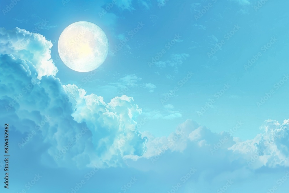 Poster image of a full moon shining brightly in a blue sky with some clouds