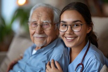 Beautiful young female caretaker with glasses smiling and assisting a well-groomed senior man to get up from the sofa at home.