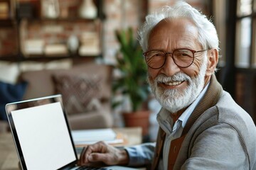 Obraz premium The beautiful senior man, wearing glasses and a well-groomed beard, is smiling while using a laptop with a blank white screen.