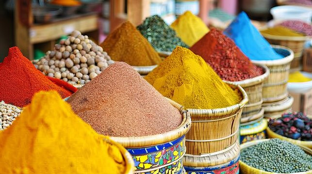 An array of colorful spices are on display at a bustling Moroccan market in Marrakech, inviting visitors to explore the rich culinary traditions of Morocco.