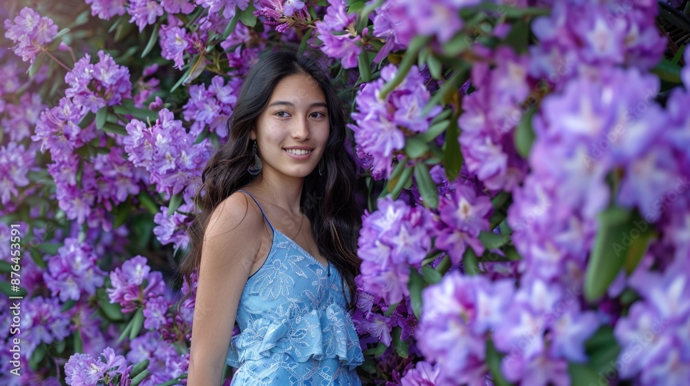 Poster A woman stands among a cluster of purple flowers