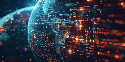 Global impact of cyber warfare represented by globe and digital networks. Concept Cyber Warfare, Global Impact, Globe Representation, Digital Networks, Security Concerns