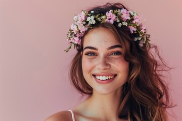 Naklejka premium A_young_woman_with_a_radiant_smile_wearing_a_flower_wreath_generative_ai_image
