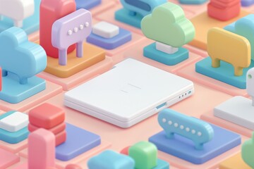 A visually engaging, pastel-colored abstract scene featuring various 3D shapes and objects resembling technology icons. 