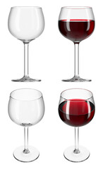 Glass with red wine on the isolated transparent background. Set of empty glasses and with drink in different angles. Bar theme. 3d rendering.